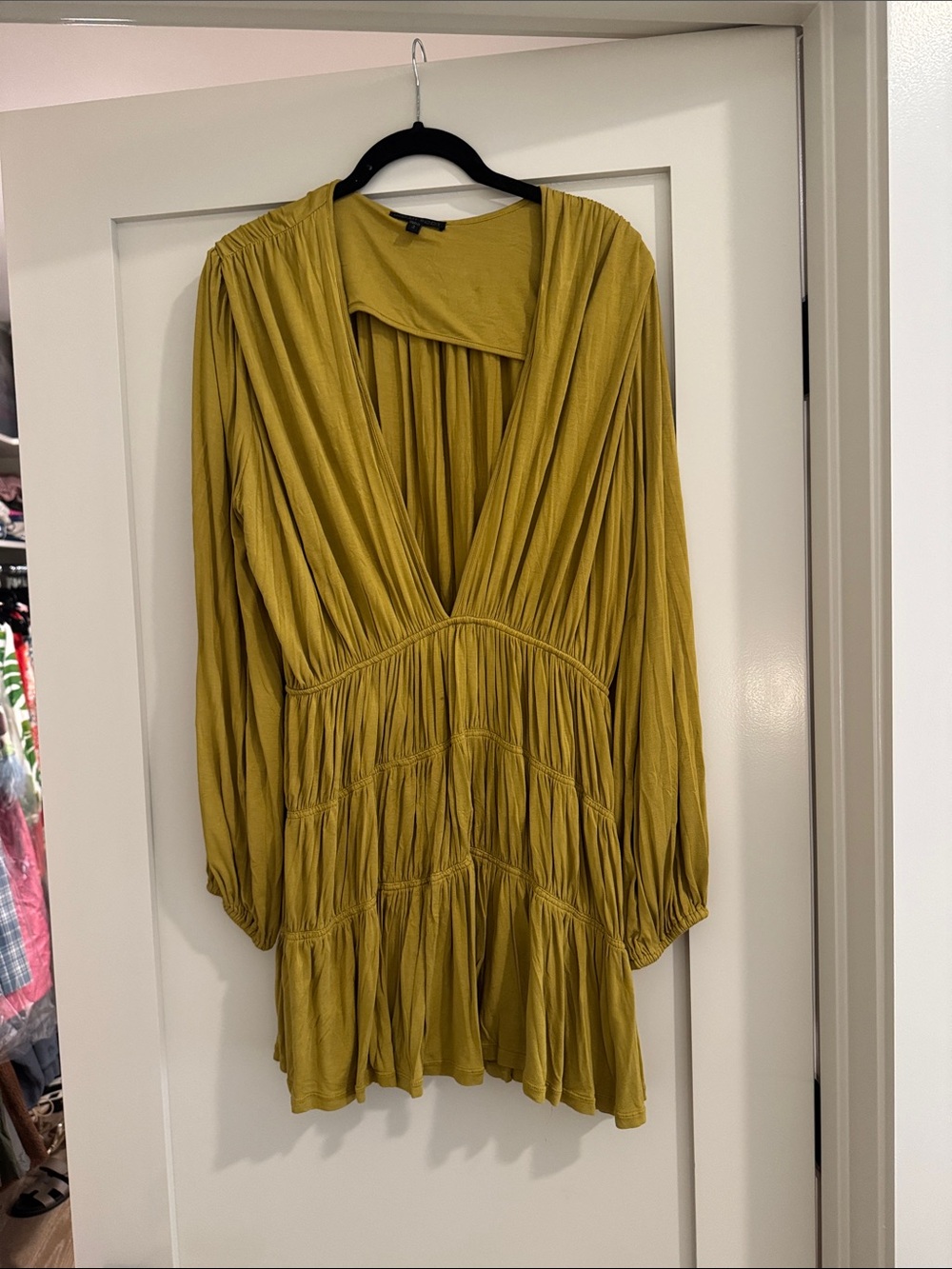 Indah Mustard Yellow Pleated V-Neck Long Sleeve Mini Dress